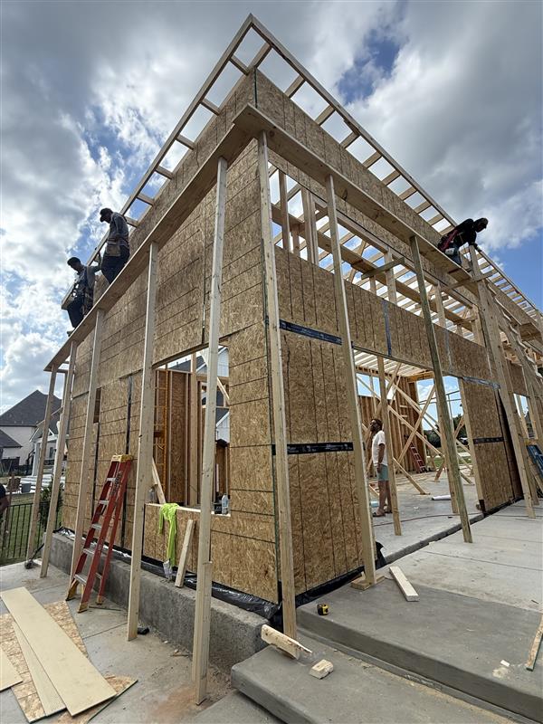 Phase 12 — Full elevation sheathed with rafters extending across the back